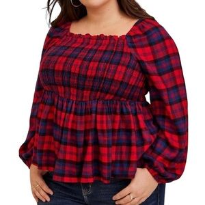 TORRID Brushed Rayon Acrylic Flannel Smocked Plaid Babydoll Top sz Torrid 6 (6X)